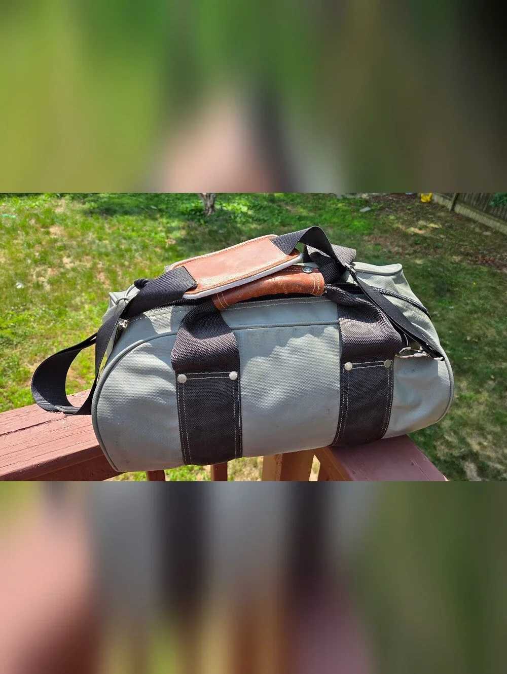 Vintage The North Face Gray Duffel with Black Straps Brown Label